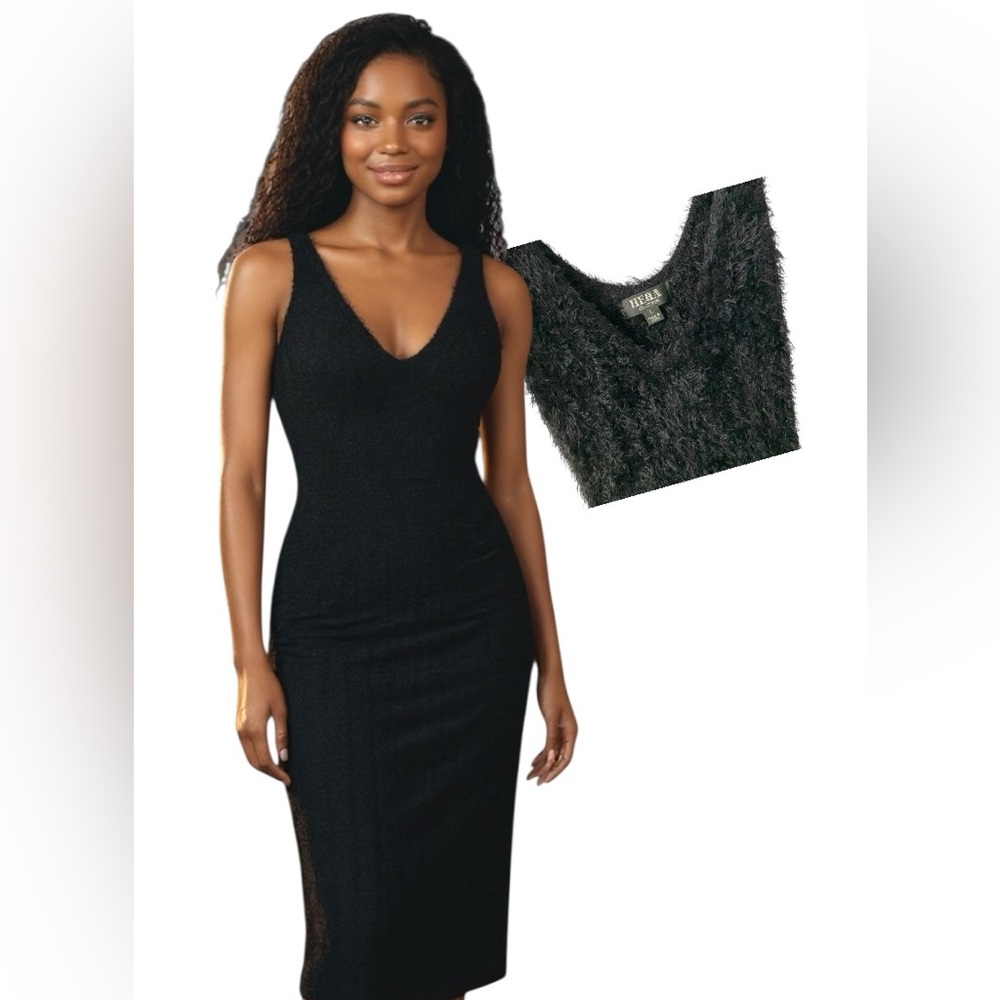 Hera Black Bodycon Faux Fur Midi Dress L Women Sexy‎ Sleeveless Cocktail